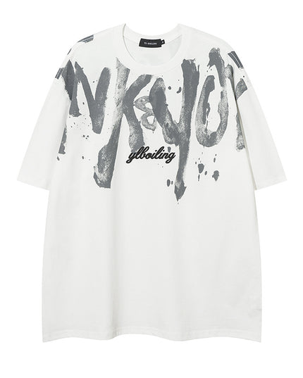 American Retro Graffiti Letter Print Short-sleeve T-shirt Men