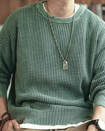 Pineapple Pattern Waffle Thick Needle Washed Round Neck Sweater