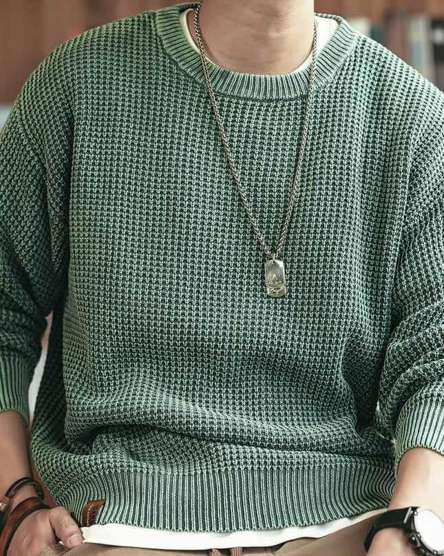 Pineapple Pattern Waffle Thick Needle Washed Round Neck Sweater