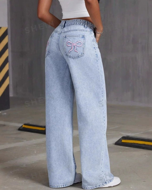 Vintage Bow Embroidered Washed Jeans For Women Straight Loose Trousers