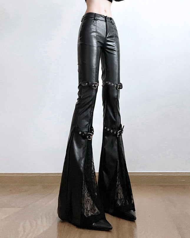 Lace Stitching Leather Bell-bottom Pants