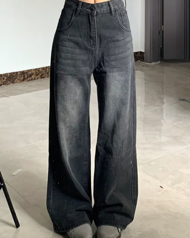 Washed Jeans Plus Size High Waist Loose Straight Wide Leg Pants