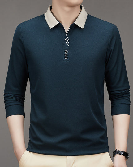 New Men's Autumn Business Fit Solid Color Polo Collar Bottoming Shirt
