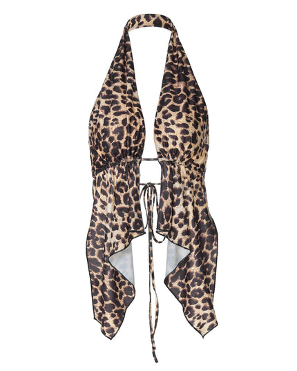 Leopard Print Short Halter Cardigan Vest Top For Women
