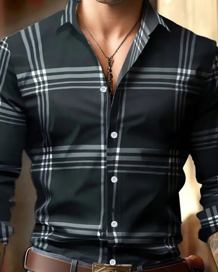 3D Digital Printing Striped Plaid Men's Long Sleeve Shirt