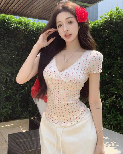 V-neck Lace Leopard-print Slim-fit Short Sleeve Women's Summer
