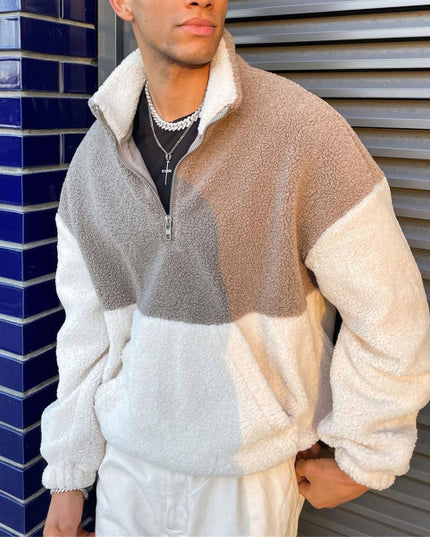 Fall Winter Men Simple Contrast Color Polar Fleece Thermal Sweater