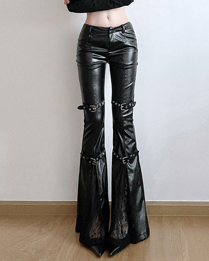 Lace Stitching Leather Bell-bottom Pants