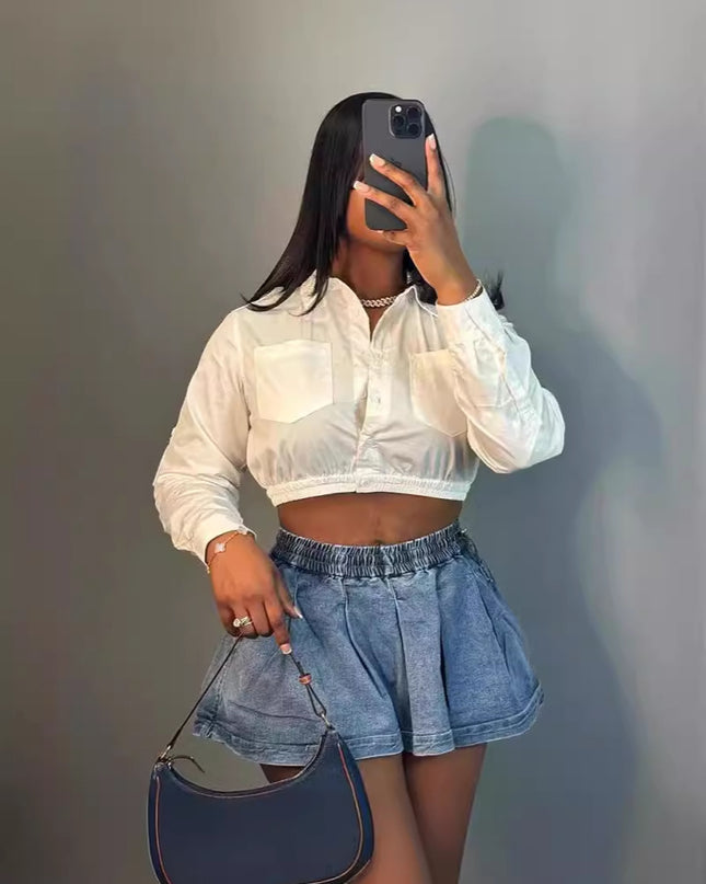Women's Fashion All-matching Solid Color High Waist Crimp Denim Skirt