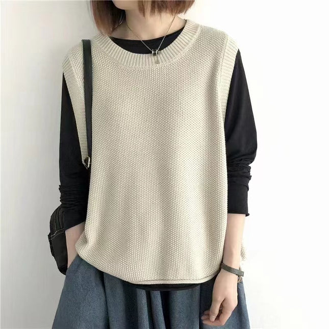 Women Sleeveless Vest Bandage Dress Outer Wear Solid Color Round Neck Vest