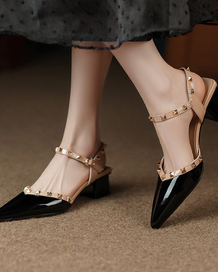Fashion Pointed Rivets Middle Heel Back Empty Shoes