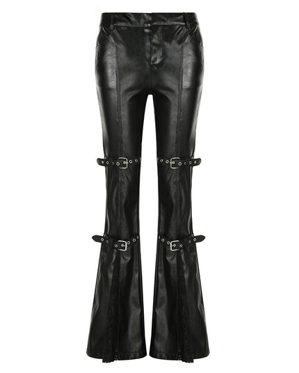 Lace Stitching Leather Bell-bottom Pants