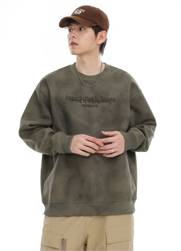 Retro Heavy Soil Style Round Neck Sweater for Men – Embroidered Streetwear Pullover