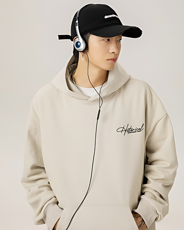 Retro Heavy Hooded Sweater for Men | Autumn Winter High Street Letter Embroidery Hoodie