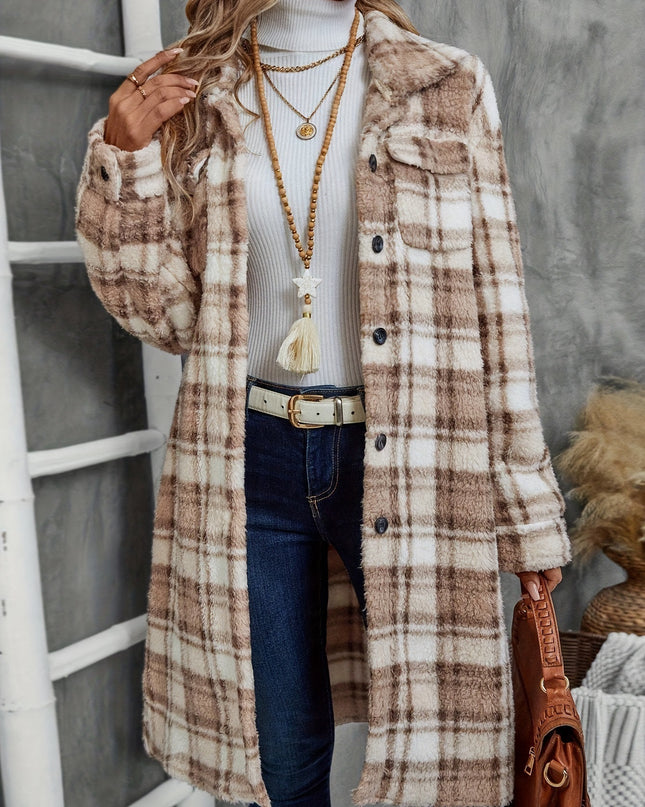Women's Printed Plaid Long Double-sided Plush Patch Pocket Button Coat