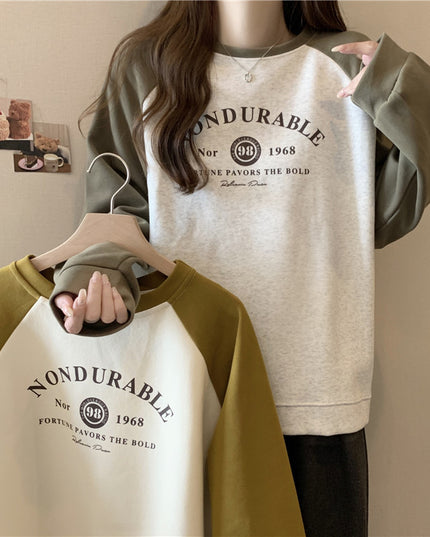 Contrast Color Raglan Long Sleeve Hooded Printed Women