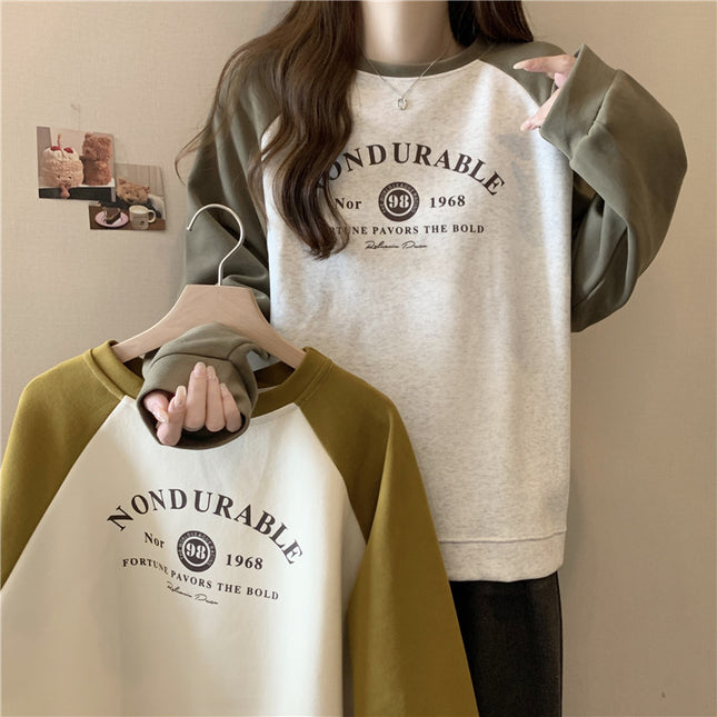 Contrast Color Raglan Long Sleeve Hooded Printed Women