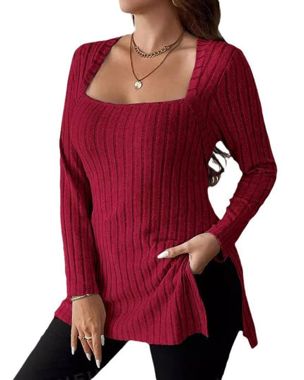 Rib Fabric Brushed Square Collar Long Sleeve Top