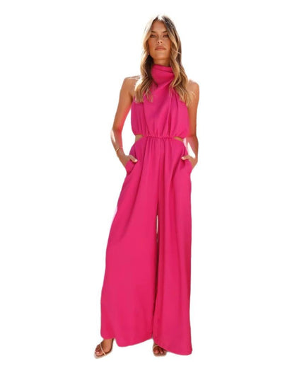 Pure Color Halter Lace-up One-piece Wide-leg Pants