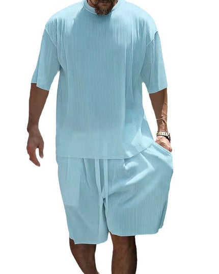 Ice Silk Sunken Stripe Loose Short Sleeve Shorts Men's Casual Suit