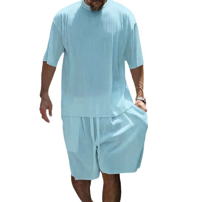Ice Silk Sunken Stripe Loose Short Sleeve Shorts Men's Casual Suit