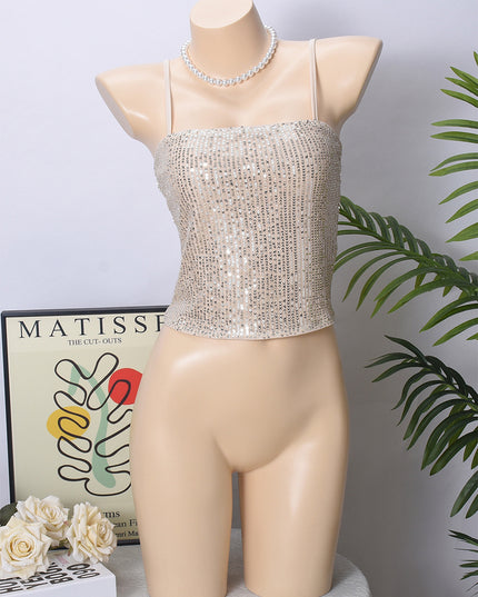 Adjustable Back Shoulder Strap Sleeveless Hollow Backless Sequin Sling