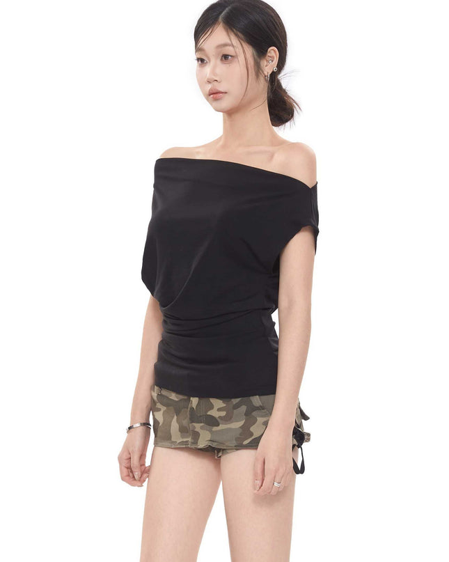 Short-sleeved Women's T-shirt Slim-fit Slimming Off-shoulder Top