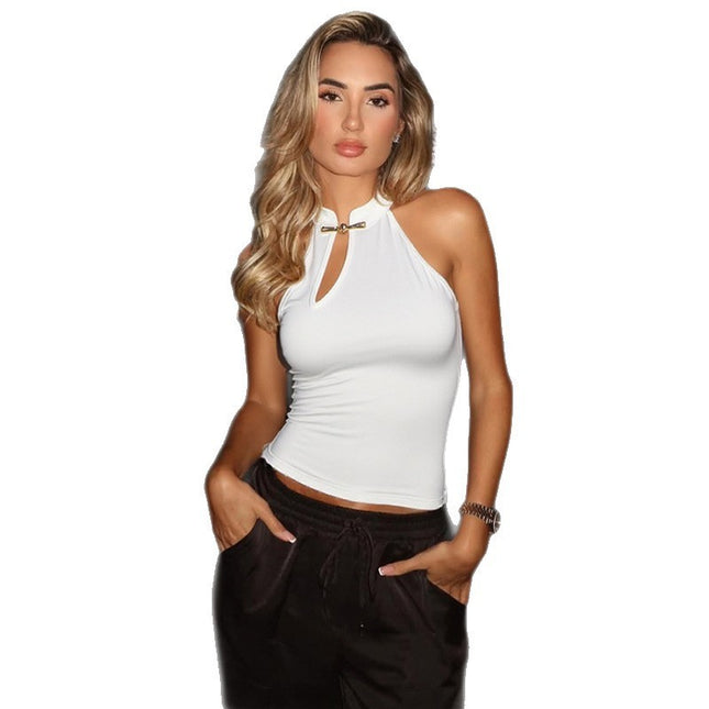 Fashion Buckle Hollow Sexy Sleeveless Slim T-shirt