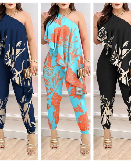 Printed One-shoulder Ruffled Jumpsuit