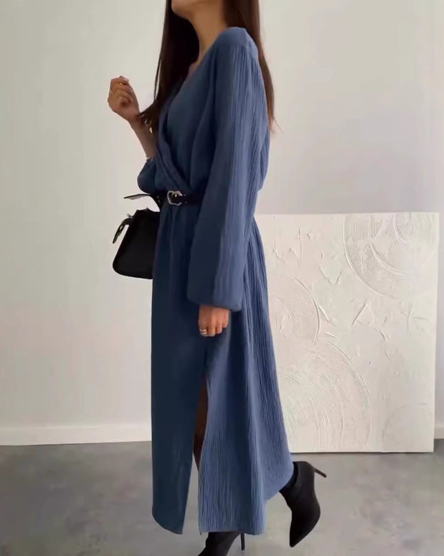 Fashion Long Sleeve Solid Color Waist Tight Dress