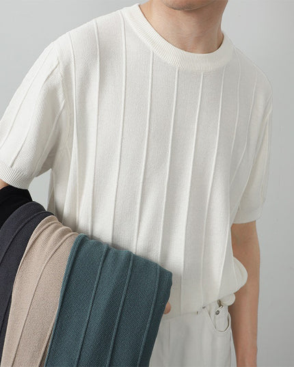 Ice Silk Knitted White Round Neck T-shirt Men's Short Sleeve