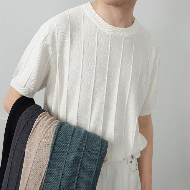 Ice Silk Knitted White Round Neck T-shirt Men's Short Sleeve