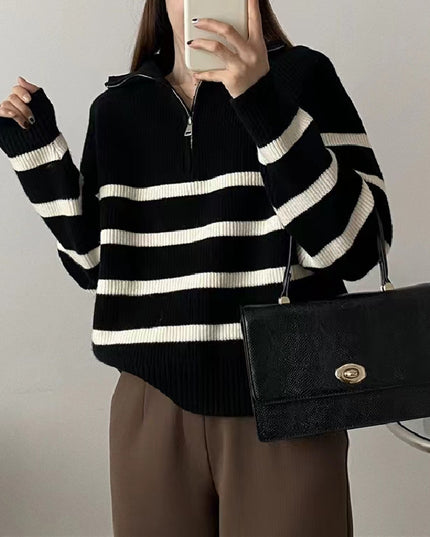 Casual Half Zipper And Lapel Coat Women's Striped Long-sleeved Sweater