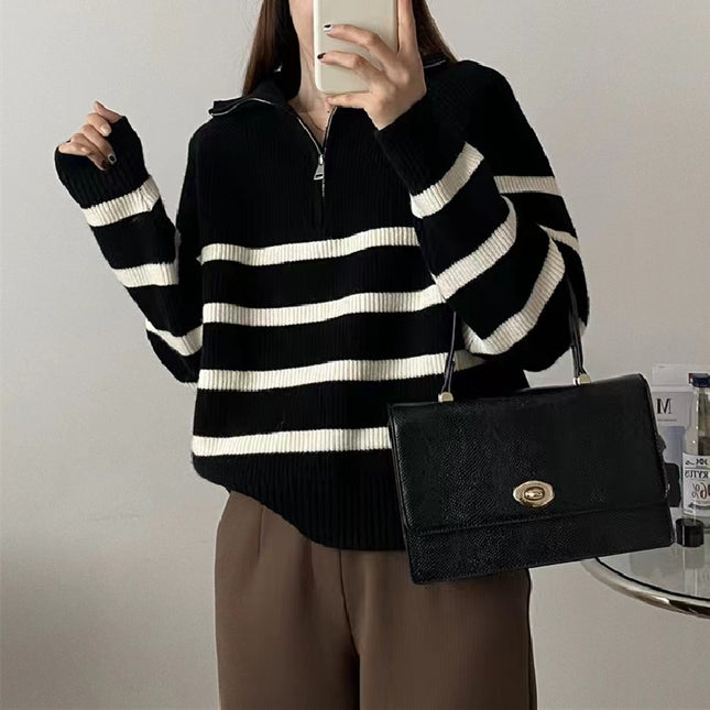 Casual Half Zipper And Lapel Coat Women's Striped Long-sleeved Sweater