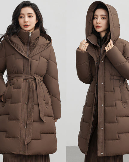 Women's Winter New Waist Trimming Fashion Mid-length Hooded Below-the-knee Coat