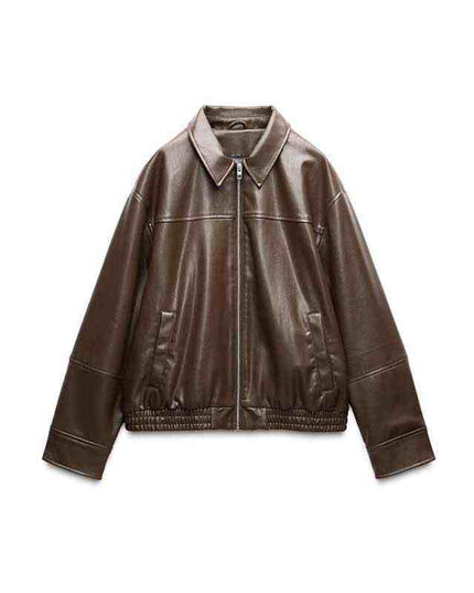 Women's Loose Lapels Leather Coat