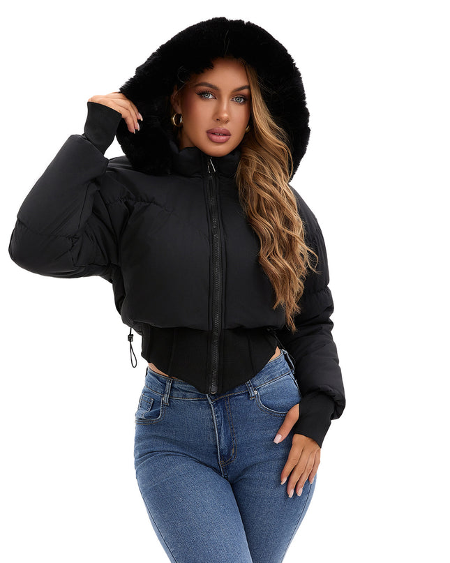 Women's Hooded Large Fur Collar Short Cotton Jacket