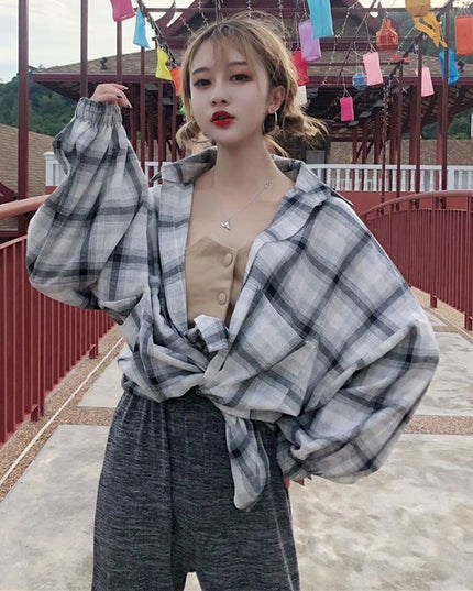 Women Blouses Shirts Plaid Oversize Thin Casual Sun-protect