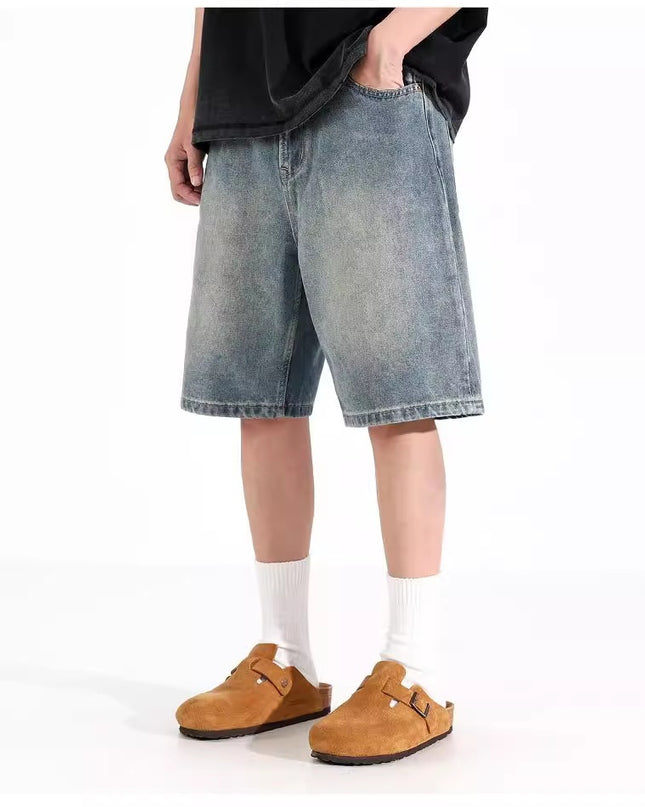 All-match Loose Straight Sports Shorts Washed Overalls Denim Shorts