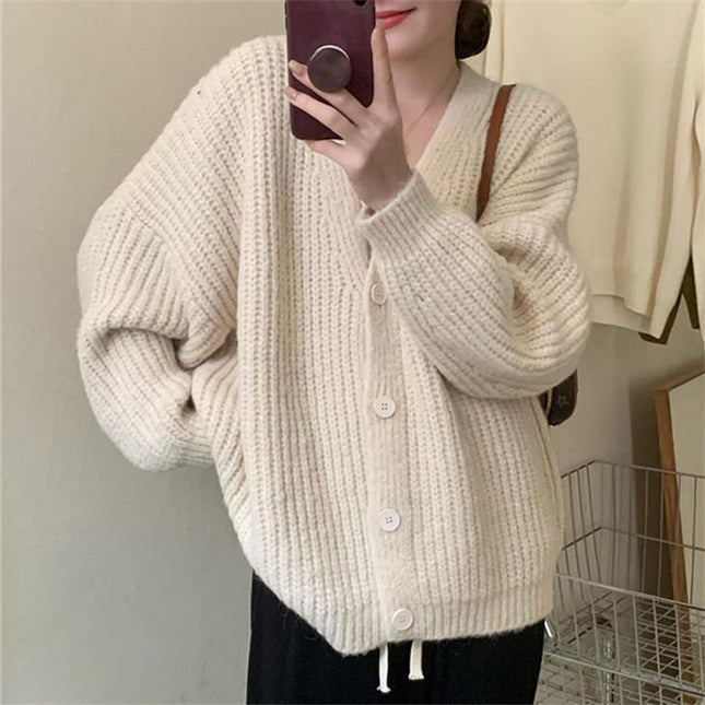 V-neck Knitted Cardigan Women's Thick Needle Loose Sweater
