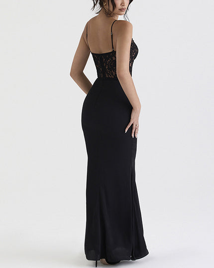 Lace High Waist Long Dress Deep V Strap Fishtail Gown