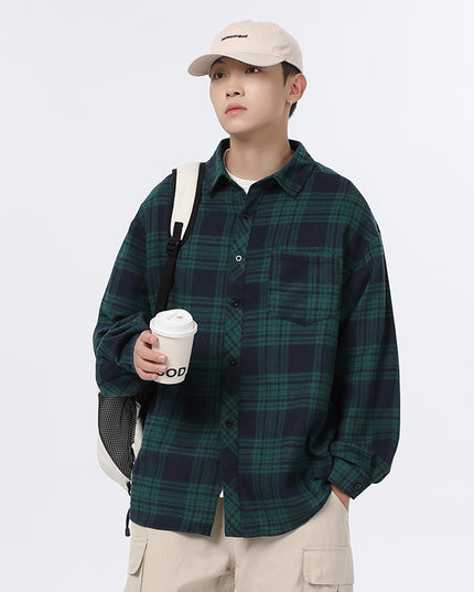 American Retro Plaid For Men Spring And Autumn Loose Casual Bottoming Shirt Coat