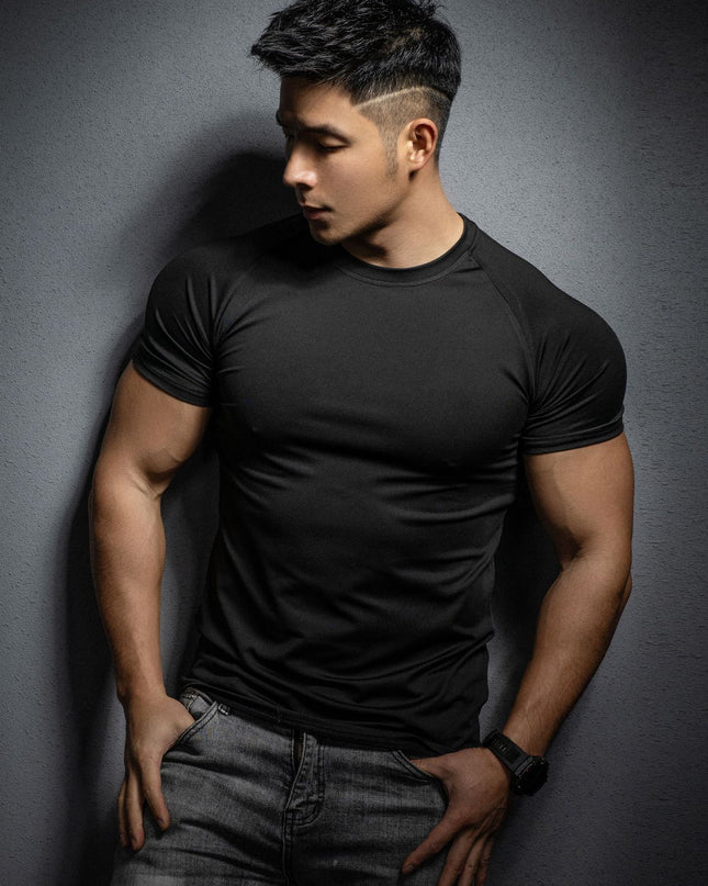 Men's Sports Casual Workout Stretch Quick-drying Solid Color Short Sleeve T-shirt