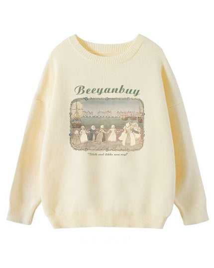 Retro Lazy Pullover Sweater Printed Women's Top