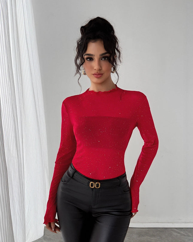 European And American Sequined Top Women's Slim-fit Long-sleeved Shiny Bling Commuter Top