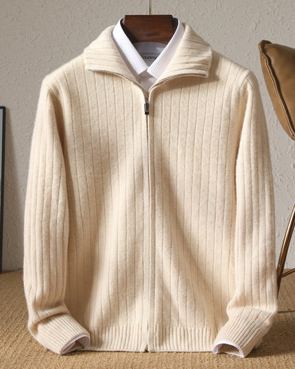 Pure Wool Sweater Men's Lapel Full Zipper