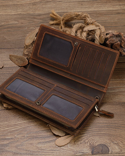 Cowhide Zipper Large Capacity Multiple Card Slots Crazy Horse Leather Long Wallet Men