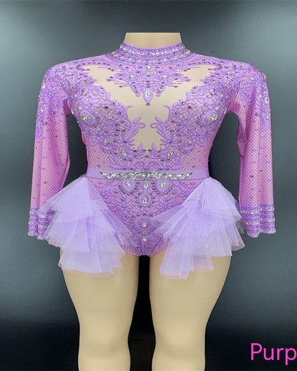 Dance Sexy Shiny Rhinestone Mesh Jumpsuit Stage Performance Costume Women