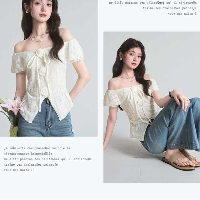French Style Three-dimensional Flower Strap Short Sleeve