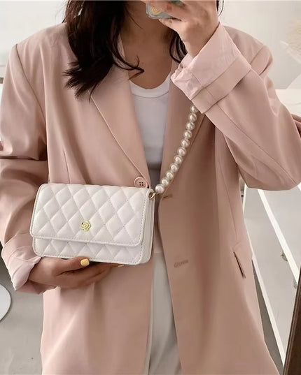 New Diamond Grid Pearl Chain Women's Cross-body Bag